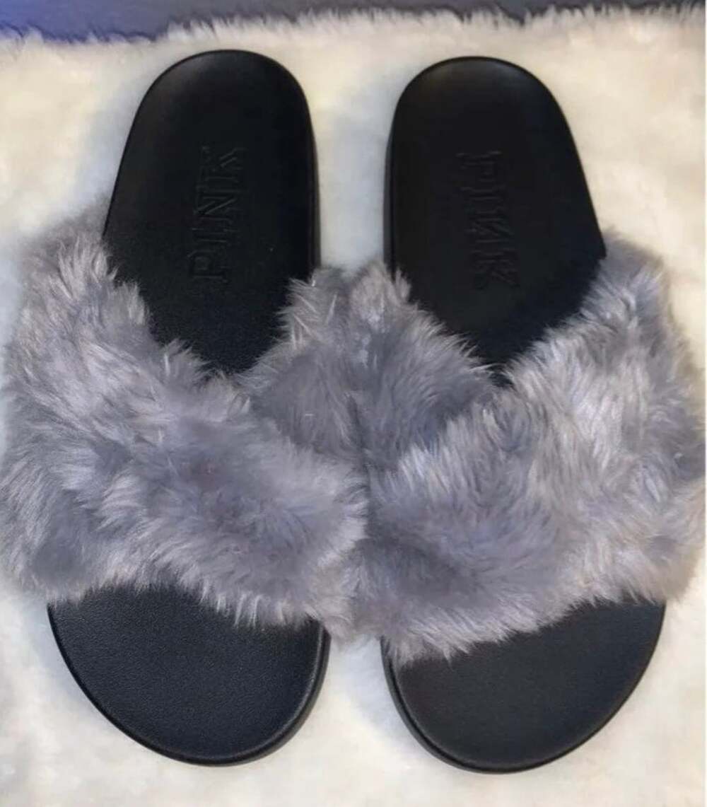 Victoria's Secret Pink Faux Fur Criss Cross Slides Gray